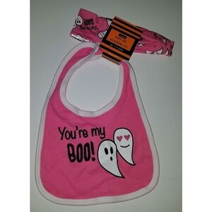 NWT You're My Boo! Pink Ghost Halloween Bib & Headband Set Size 0-12 Months